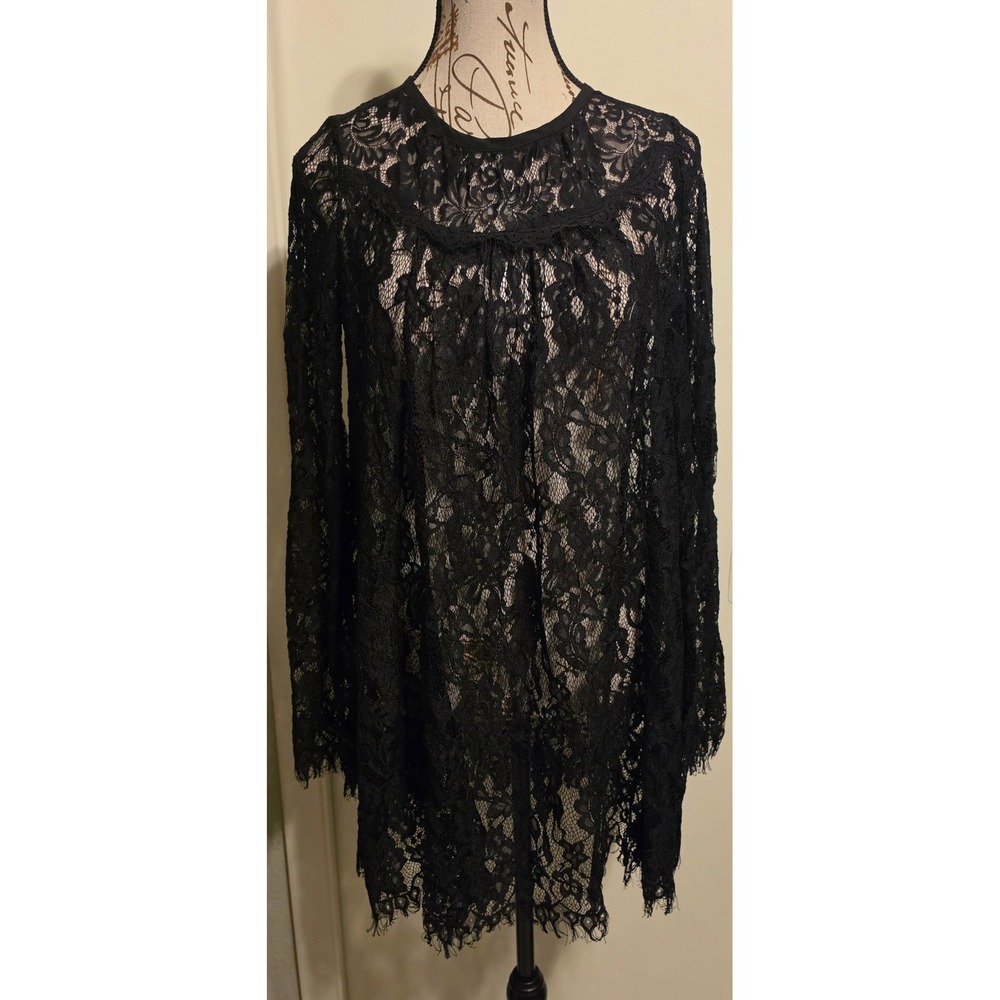 Kimchi Blue Black Sheer Floral Lace Long Sleeve Tunic Top Dress Eyelash Trim S